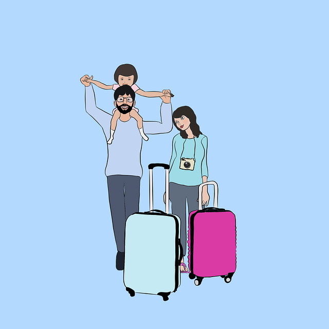 Father with child on shoulders,alongside mother with 2 suitcases
